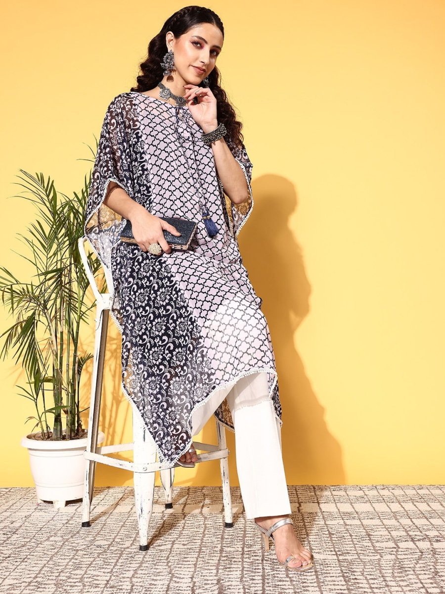 Women Navy Blue Chiffon New Age Kaftan Kurta Inddus