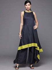 Women Navy Blue Colourblocked Kurta with Palazzos - Inddus.com