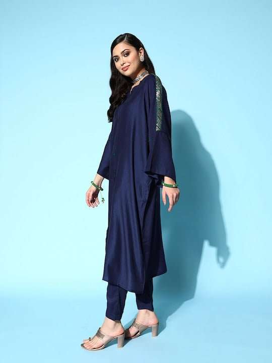 Women Navy Blue Embroidered Flared Sleeves Mandarin Collar Sequinned Kurta Set - Inddus.com