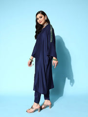 Women Navy Blue Embroidered Flared Sleeves Mandarin Collar Sequinned Kurta Set - Inddus.com