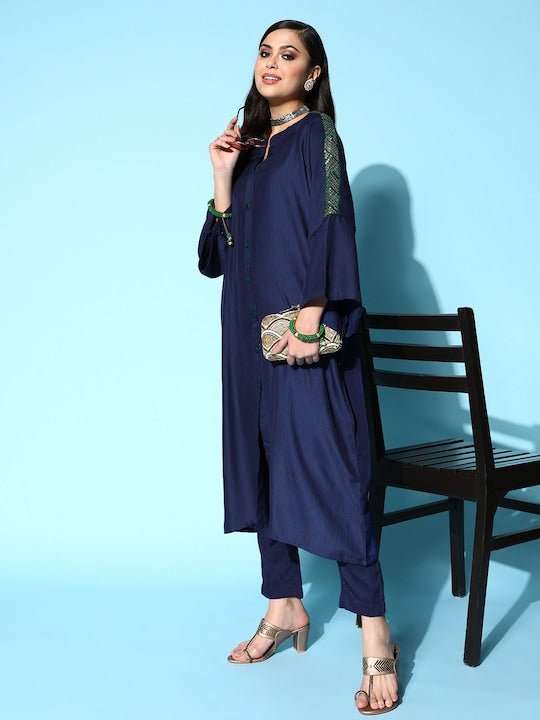 Women Navy Blue Embroidered Flared Sleeves Mandarin Collar Sequinned Kurta Set - Inddus.com