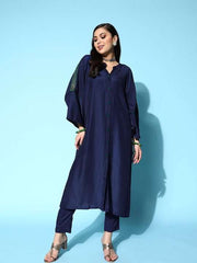 Women Navy Blue Embroidered Flared Sleeves Mandarin Collar Sequinned Kurta Set - Inddus.com