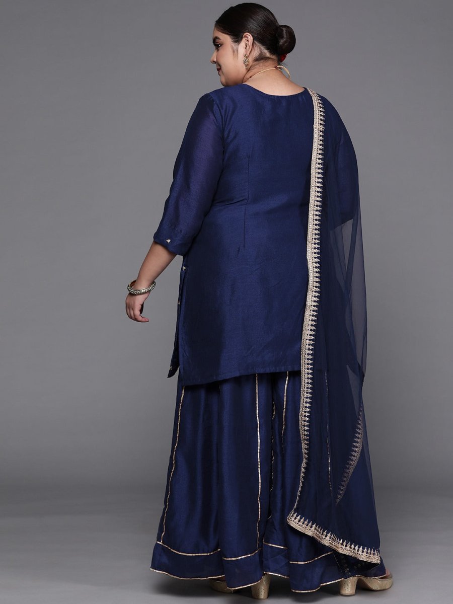 Women Navy Blue Embroidered Sequinned Kurta with Sharara & With Dupatta - Inddus.com