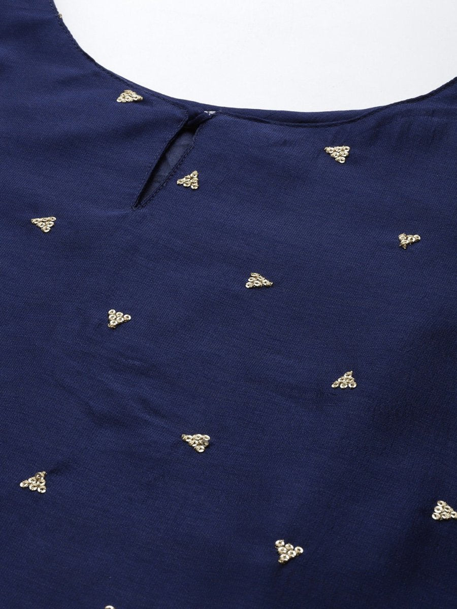 Women Navy Blue Embroidered Sequinned Kurta with Sharara & With Dupatta - Inddus.com