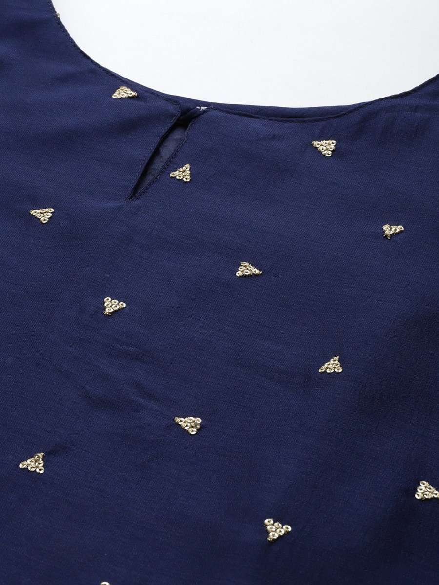 Women Navy Blue Embroidered Sequinned Kurta with Sharara & With Dupatta - Inddus.com