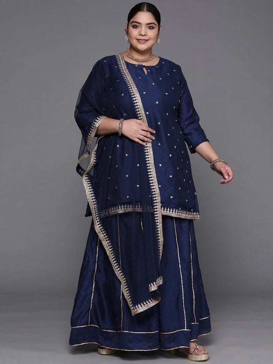 Women Navy Blue Embroidered Sequinned Kurta with Sharara & With Dupatta - Inddus.com