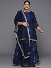 Women Navy Blue Embroidered Sequinned Kurta with Sharara & With Dupatta - Inddus.com