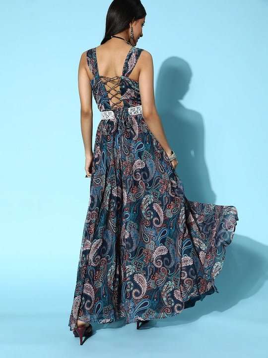 Women Navy Blue Ethnic Motifs All in the Details Dress - Inddus.com