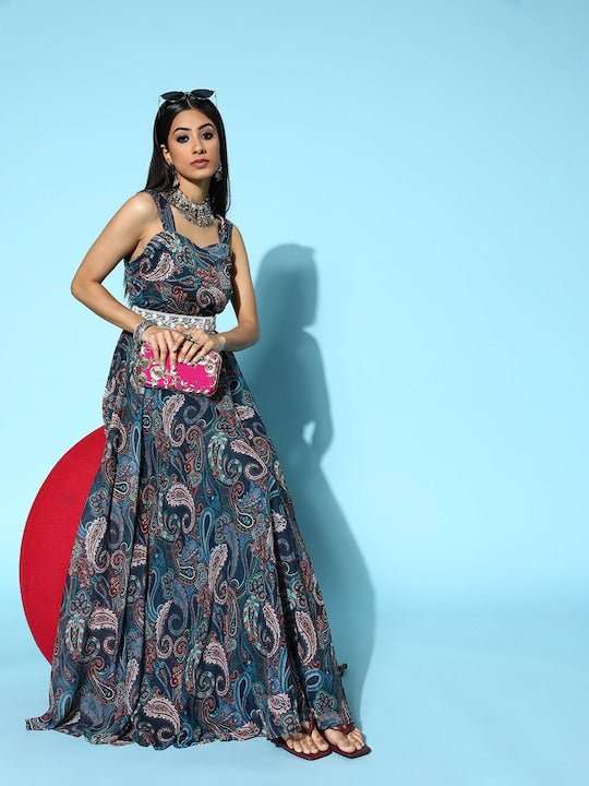 Women Navy Blue Ethnic Motifs All in the Details Dress - Inddus.com