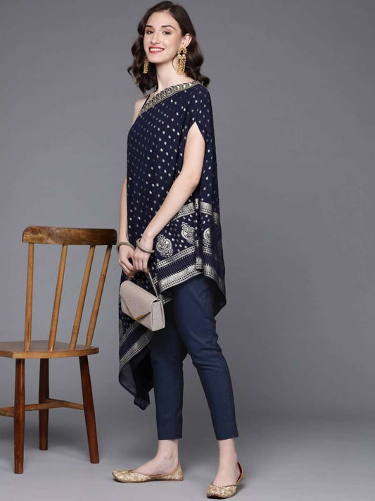 Women Navy Blue Ethnic Motifs Printed Kurta with Trousers - Inddus.com