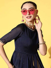 Women Navy Blue Floral High Slit Kurta with Trousers - Inddus.com