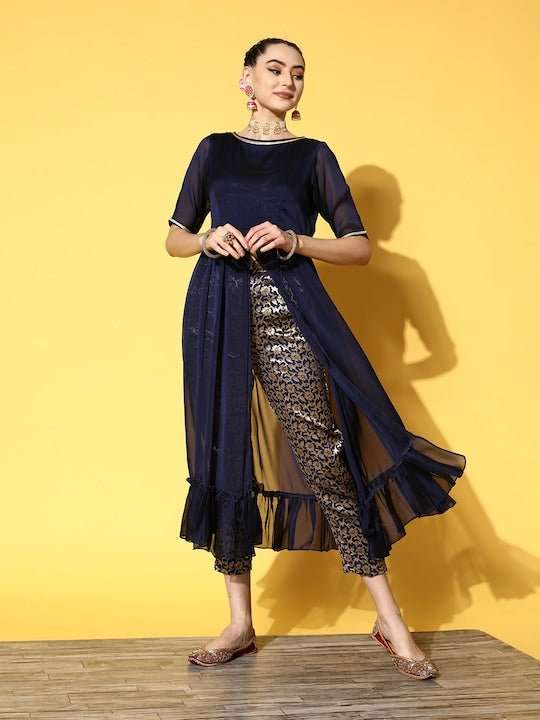 Women Navy Blue Floral High Slit Kurta with Trousers - Inddus.com