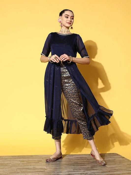 Women Navy Blue Floral High Slit Kurta with Trousers - Inddus.com