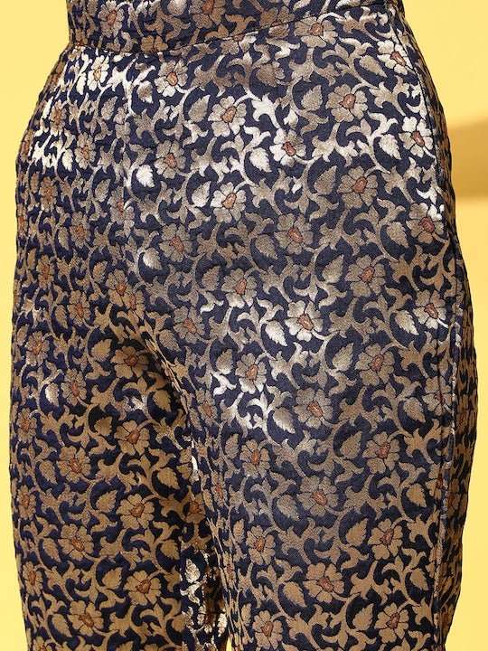 Women Navy Blue Floral High Slit Kurta with Trousers - Inddus.com