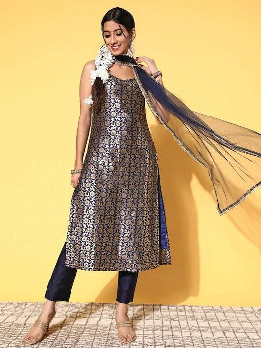 Women Navy Blue Floral Kurta with Trousers & With Dupatta - Inddus.com