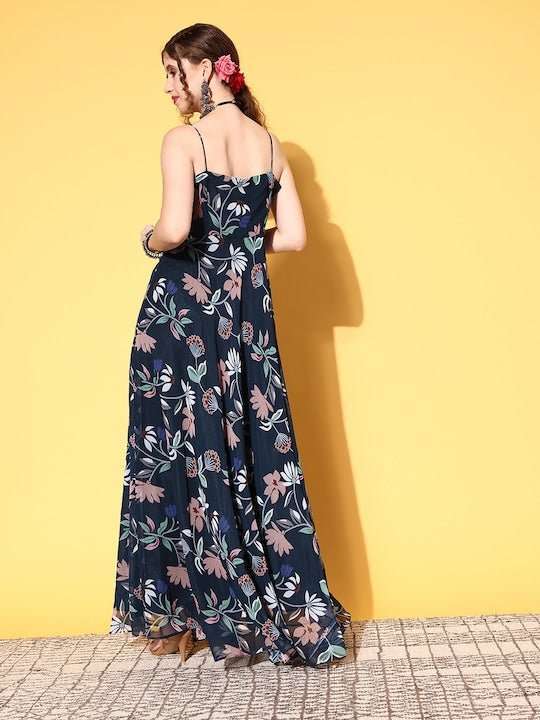 Women Navy Blue Floral Peekaboo Bottom Dress - Inddus.com
