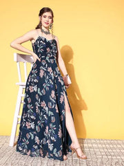 Women Navy Blue Floral Peekaboo Bottom Dress - Inddus.com