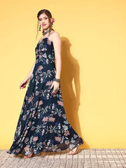 Women Navy Blue Floral Peekaboo Bottom Dress - Inddus.com