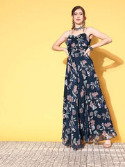 Women Navy Blue Floral Peekaboo Bottom Dress - Inddus.com