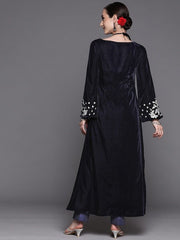 Women Navy Blue Floral Thread Work Velvet Kurta with Trousers - Inddus.com