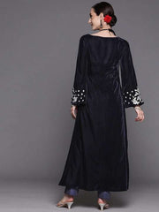 Women Navy Blue Floral Thread Work Velvet Kurta with Trousers - Inddus.com