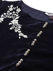 Women Navy Blue Floral Thread Work Velvet Kurta with Trousers - Inddus.com