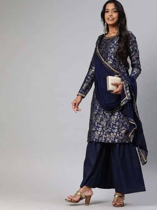 Women Navy Blue & Golden Woven Sharara Suit - Inddus.com