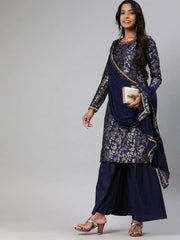 Women Navy Blue & Golden Woven Sharara Suit - Inddus.com