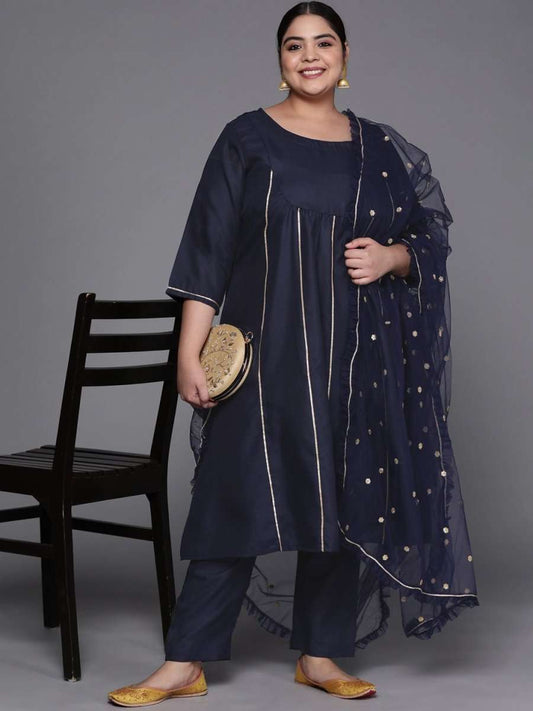 Women Navy Blue Gotta Patti Kurta with Trousers & With Dupatta - Inddus.com