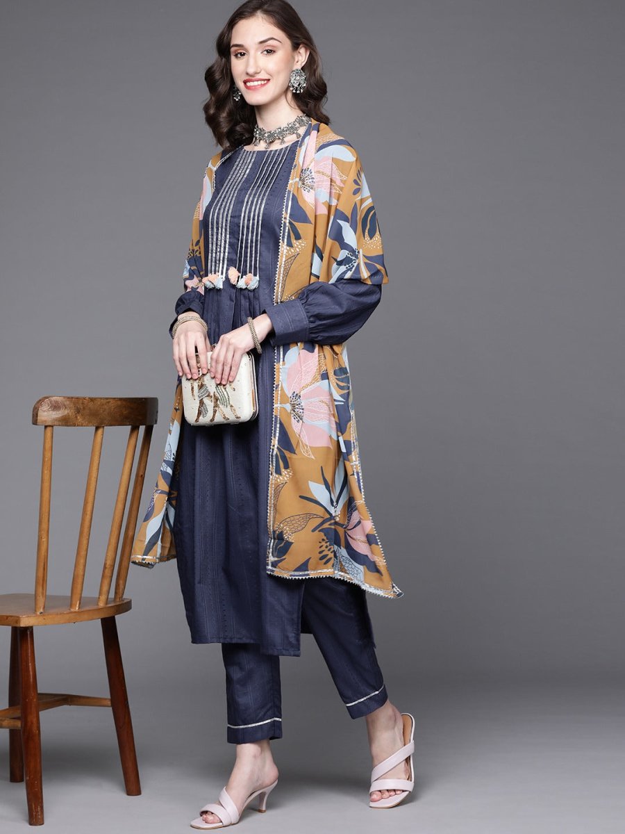 Women Navy Blue Gotta Patti Kurta with Trousers & With Dupatta - Inddus.com