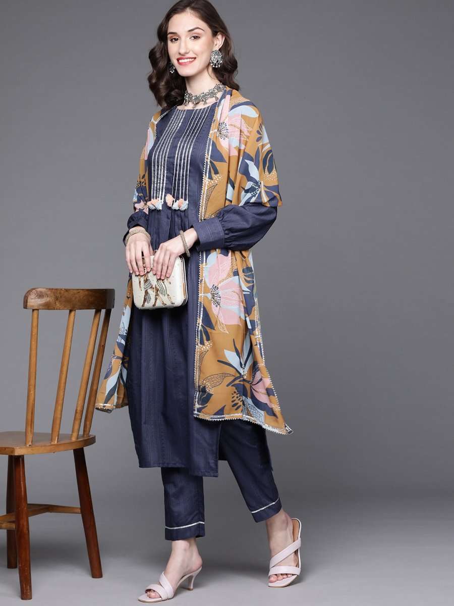 Women Navy Blue Gotta Patti Kurta with Trousers & With Dupatta - Inddus.com