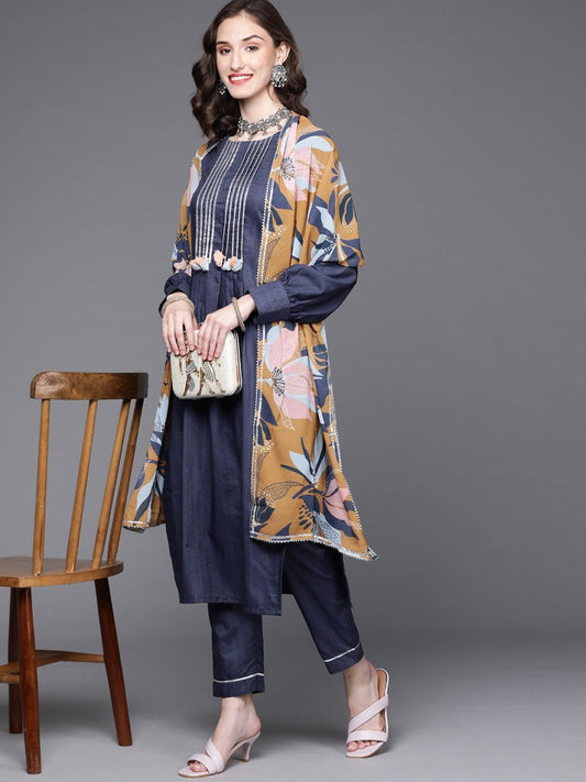 Women Navy Blue Gotta Patti Kurta with Trousers & With Dupatta - Inddus.com
