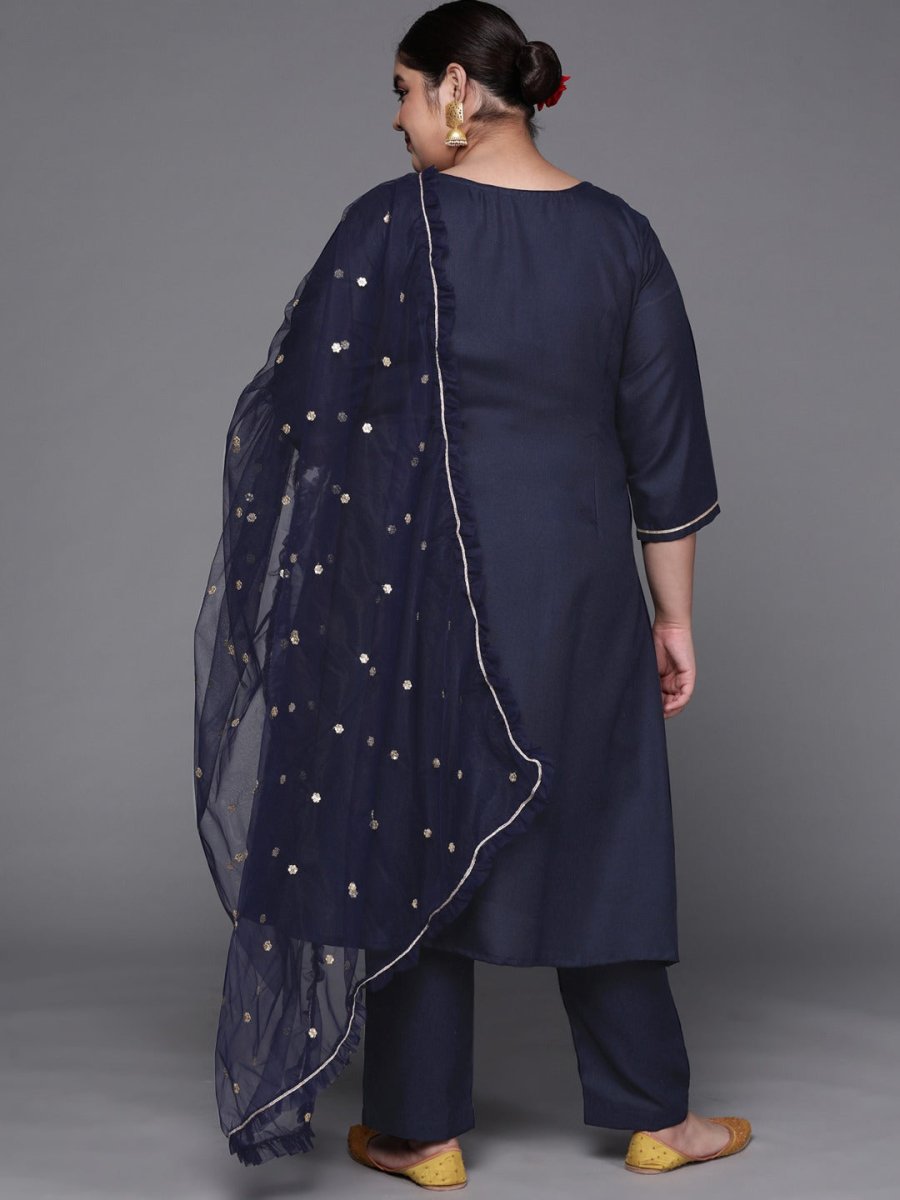 Women Navy Blue Gotta Patti Kurta with Trousers & With Dupatta - Inddus.com