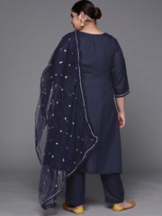 Women Navy Blue Gotta Patti Kurta with Trousers & With Dupatta - Inddus.com