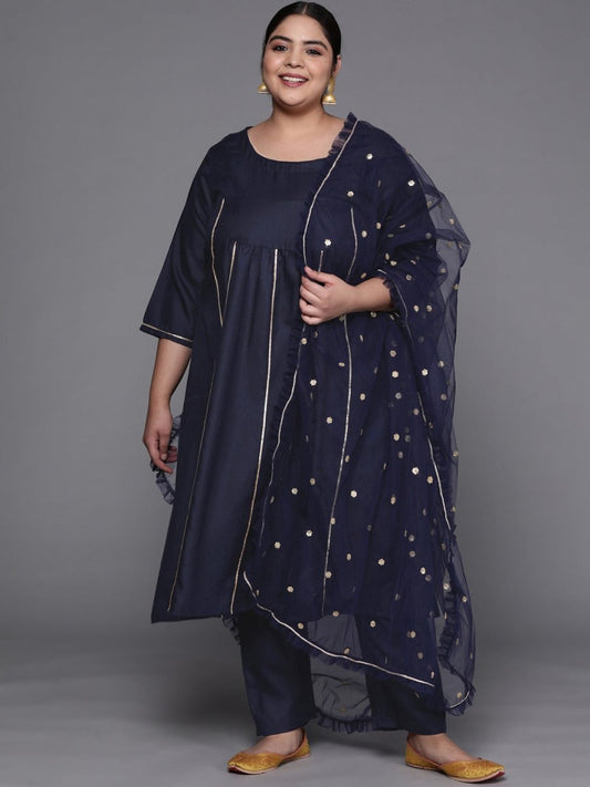 Women Navy Blue Gotta Patti Kurta with Trousers & With Dupatta - Inddus.com