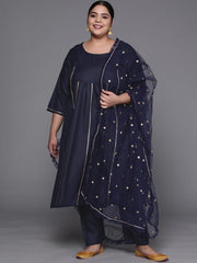 Women Navy Blue Gotta Patti Kurta with Trousers & With Dupatta - Inddus.com