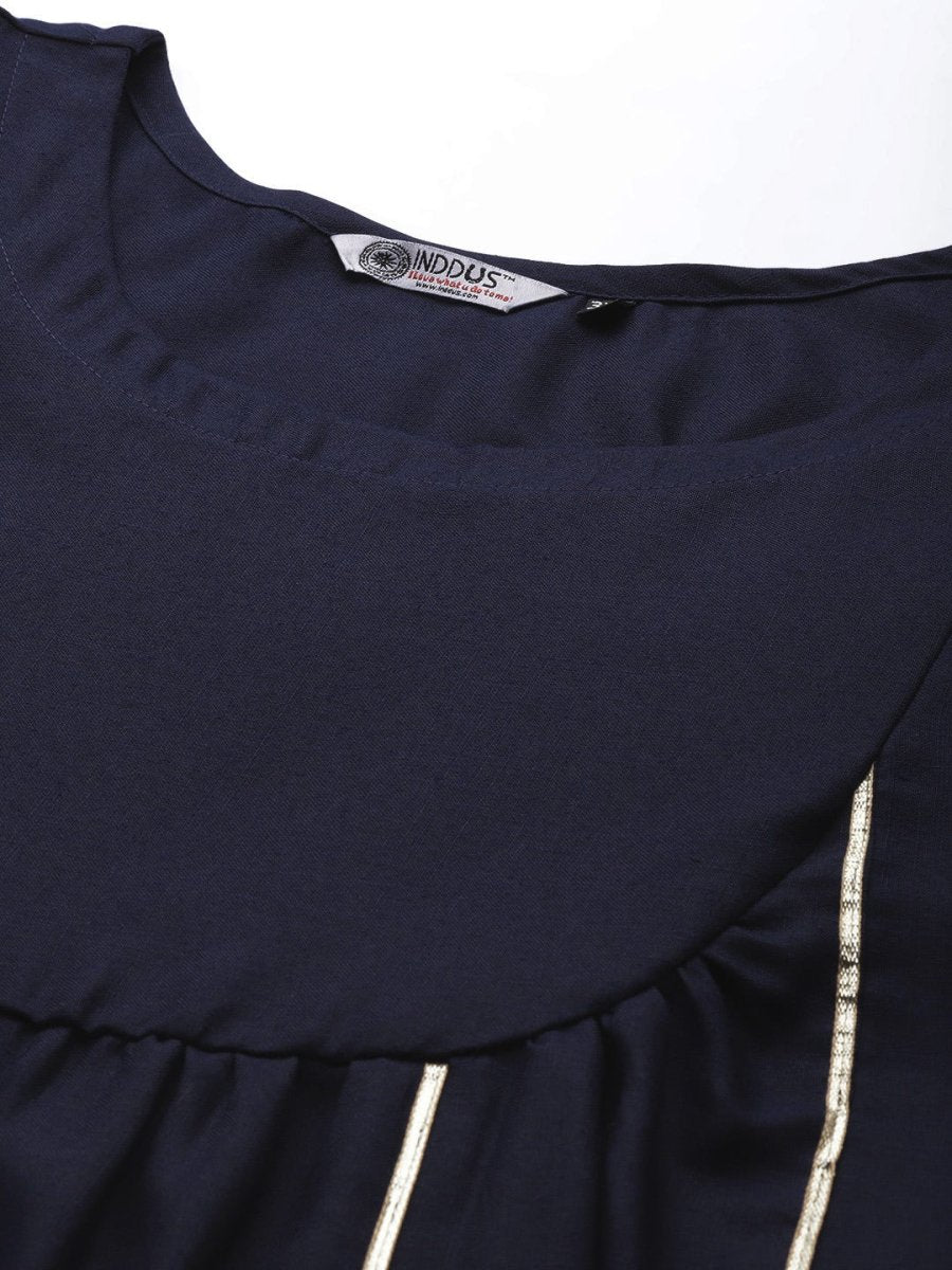 Women Navy Blue Gotta Patti Kurta with Trousers & With Dupatta - Inddus.com