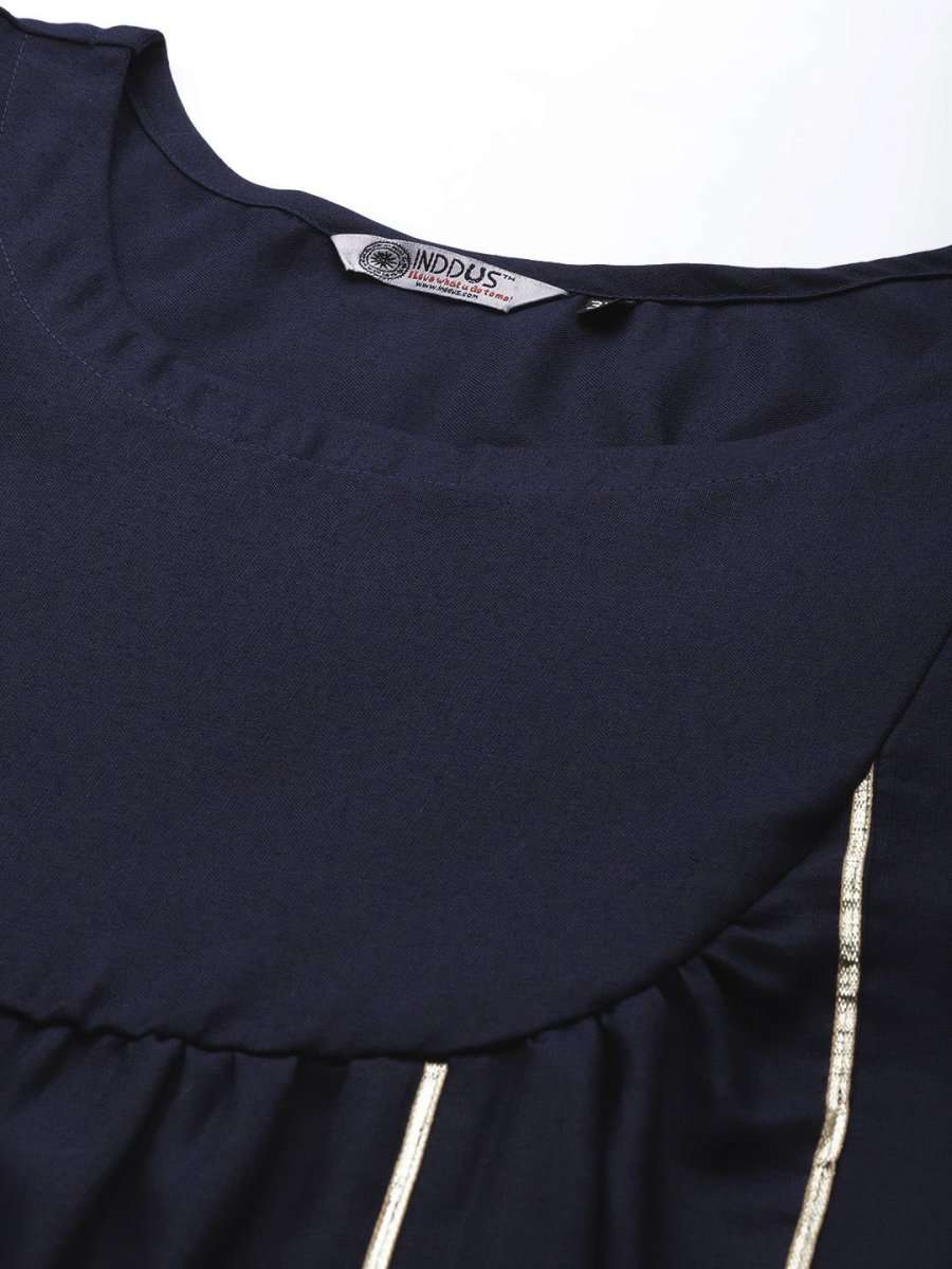 Women Navy Blue Gotta Patti Kurta with Trousers & With Dupatta - Inddus.com