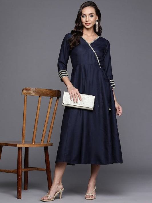 Women Navy Blue & Off White Mirror Work Angrakha Kurta - Inddus.com
