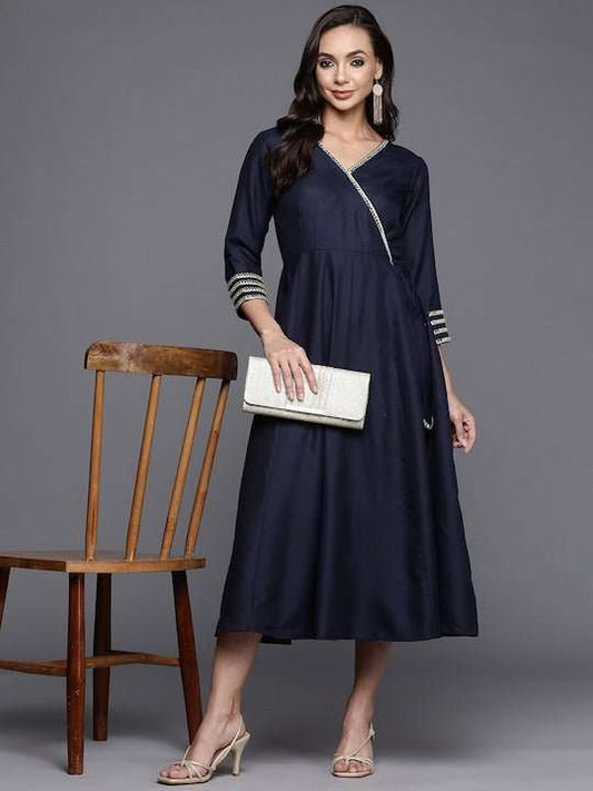Women Navy Blue & Off White Mirror Work Angrakha Kurta - Inddus.com