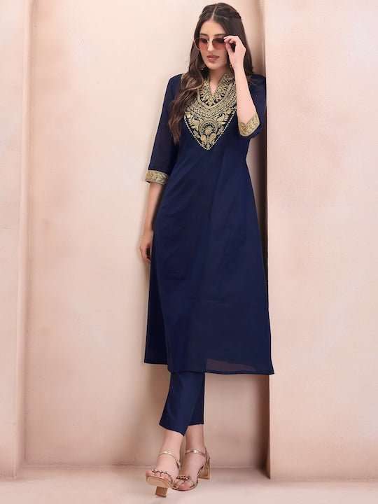 Women Navy Blue Paisley Yoke Design Regular Chanderi Cotton Kurta with Trousers - Inddus.com