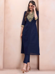 Women Navy Blue Paisley Yoke Design Regular Chanderi Cotton Kurta with Trousers - Inddus.com