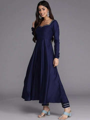 Women Navy Blue Printed Pleated Gotta Patti Kurta with Trousers & With Dupatta - Inddus.com