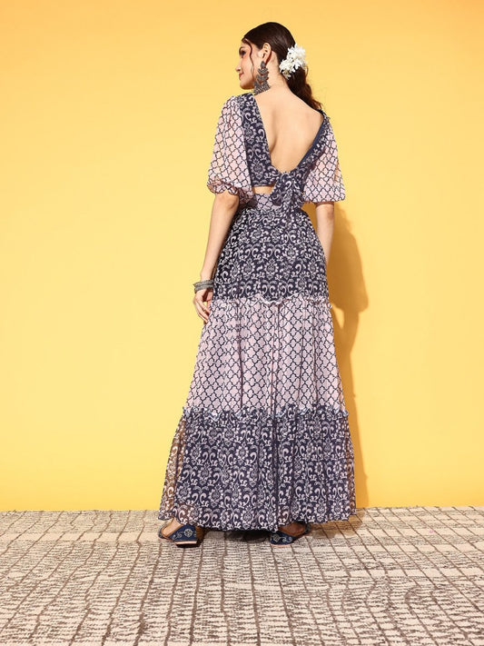 Women Navy Blue Printed Top with Skirt - Inddus.com