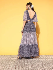 Women Navy Blue Printed Top with Skirt - Inddus.com