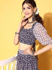 Women Navy Blue Printed Top with Skirt - Inddus.com