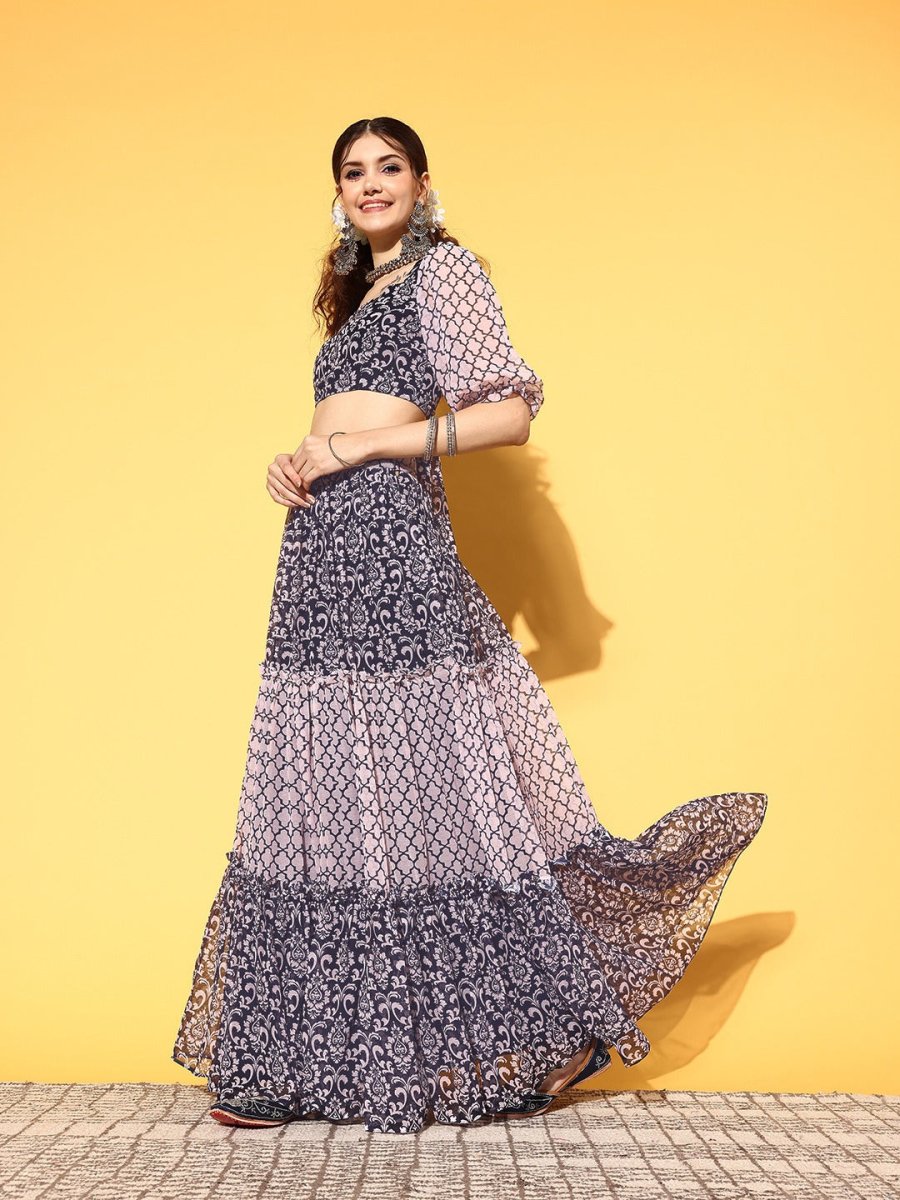 Women Navy Blue Printed Top with Skirt - Inddus.com