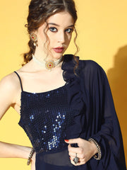 Women Navy Blue Sequinned Kurta with Sharara & Dupatta - Inddus.com