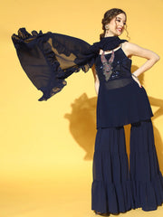 Women Navy Blue Sequinned Kurta with Sharara & Dupatta - Inddus.com