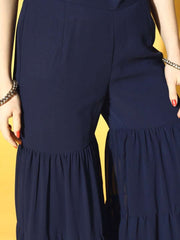 Women Navy Blue Sequinned Kurta with Sharara & Dupatta - Inddus.com